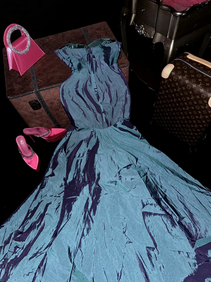 Gray-blue strapless fitted long ball gown R7031