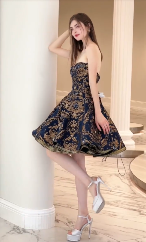 Retro blue short skirt with gold print waist and slimming fluffy skirt for homecoming dress R4210