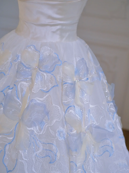 White tube top waist light blue puffy skirt long dress bridal dress R5854