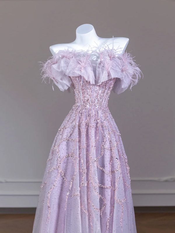 Light purple off-shoulder sequined long ball gown R8273