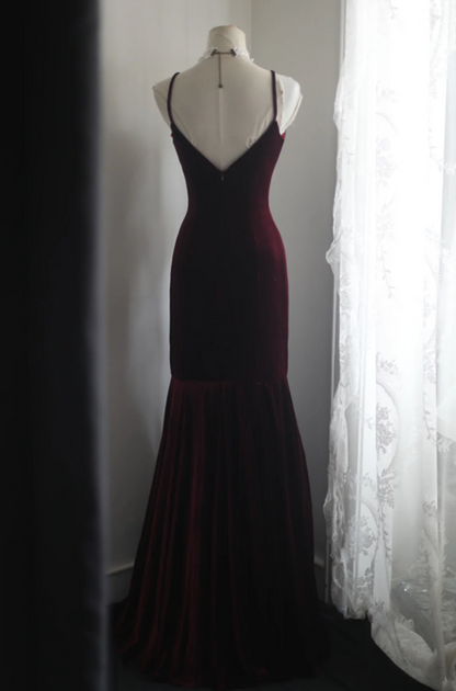 Dark red halter-neck, fitted, bodycon mermaid long ball gown, bridal dress R6831