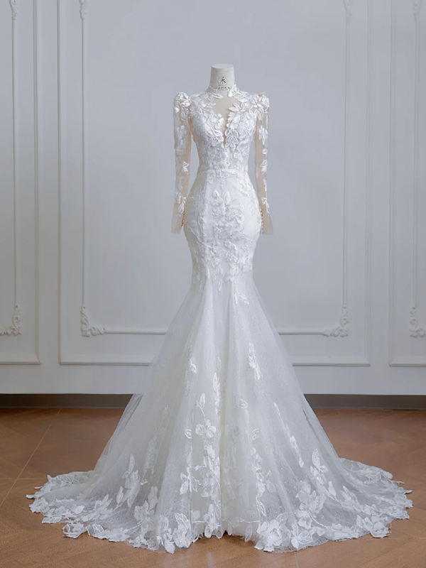 White lace fitted waist, sexy long ball gown/bridal dress R8217