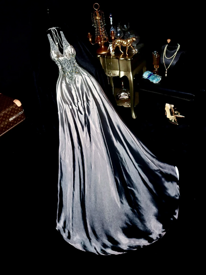 Grey halter neck beaded fitted long ball gown R6871