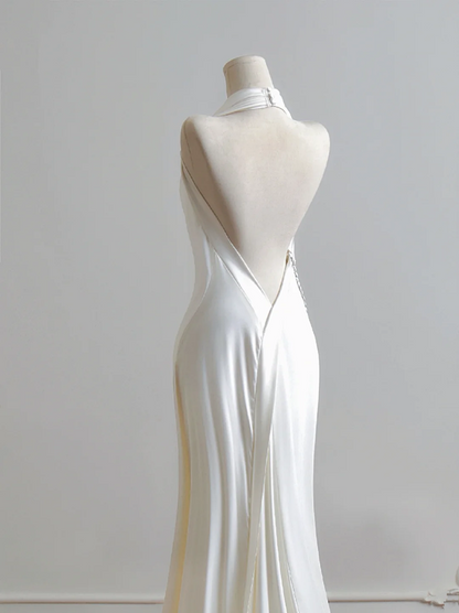 White halter-neck, fitted waist, backless, sexy bodycon long ball gown R8188
