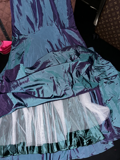 Gray-blue strapless fitted long ball gown R7031