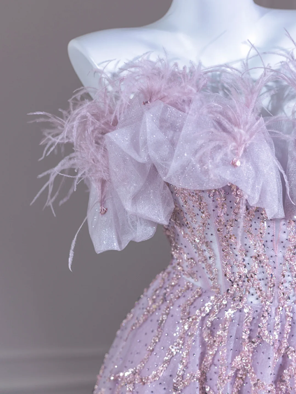 Light purple off-shoulder sequined long ball gown R8273