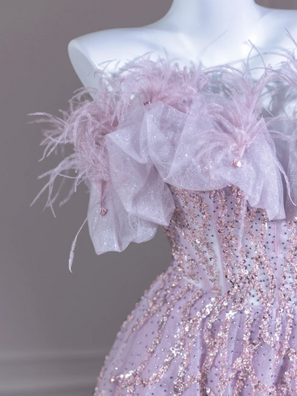 Light purple off-shoulder sequined long ball gown R8273