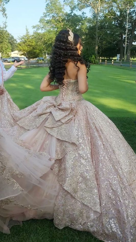 Pretty Pink Strapless Tulle Sequin Formal Quinceanera Dress Sweet 16 Dress With Bow D1336