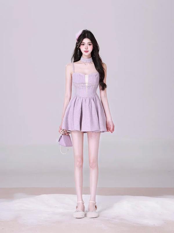 Purple suspender waist slim A-line short skirt homecoming dress R5243