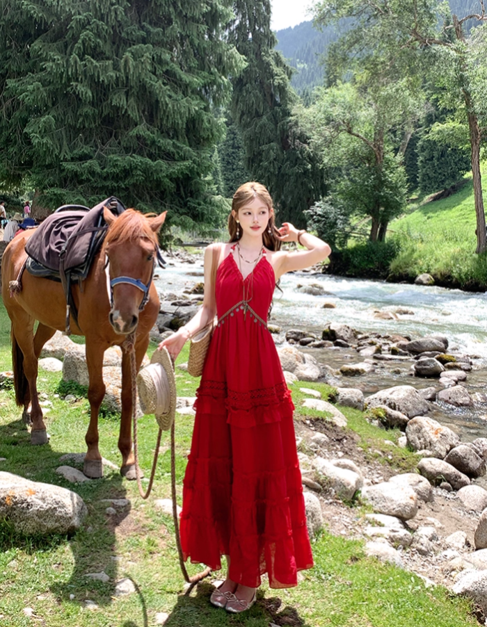 Red long v-neck off-shoulder waist halter dress summer French temperament sexy skirt R4579