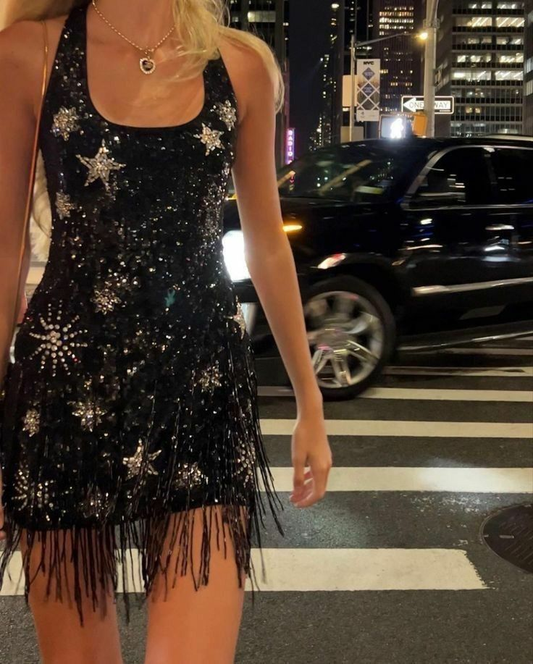Sparkling Tassel Square Neck Star Sequin Open Back Homecoming Dress  fg8346