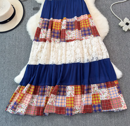 2025 dress dopamine vintage floral plaid art splicing temperament holiday suspender long skirt R0371