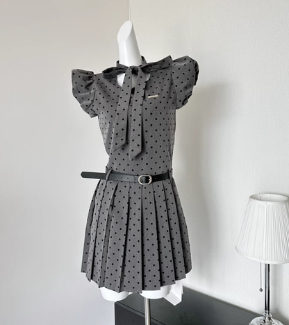 Gray polka dot dress for women summer 2025 new bow design sweet waist short skirt R0113