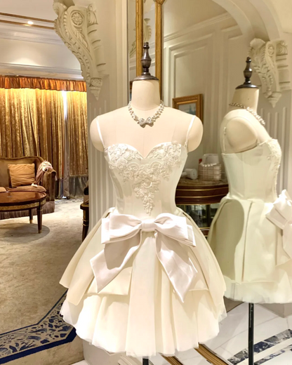 White suspender lace waist slim satin A-line skirt homecoming dress R4153