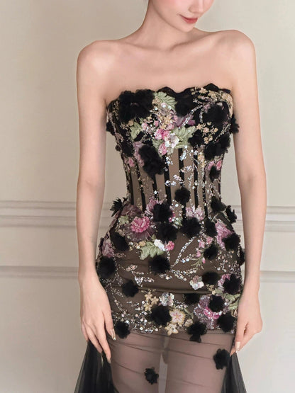 Black Long Prom Dress With Flowers Formal Evening Party Dress Birthday Outfit fg8258