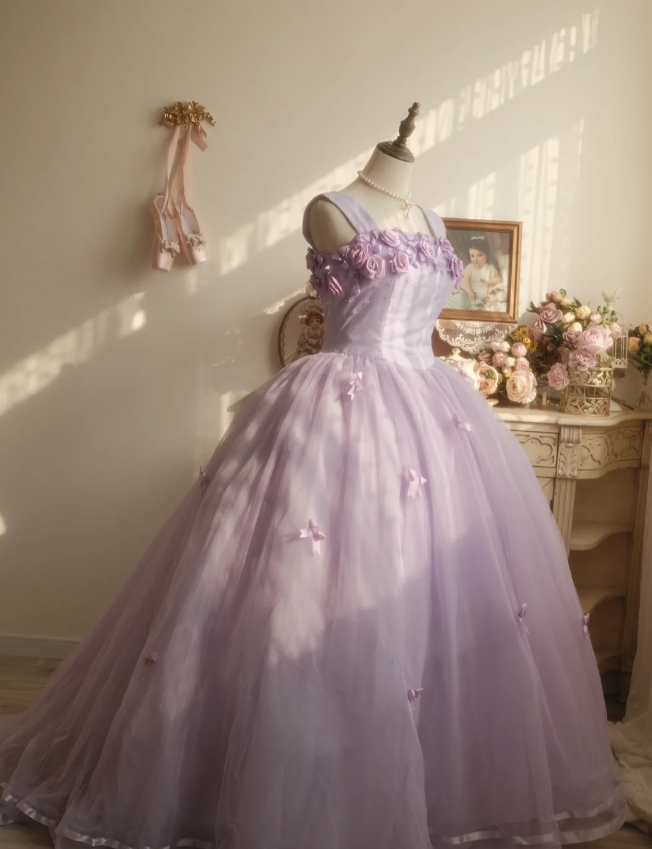Sweet Princess Light Purple 3D Floral Square Neck Bow Tulle Ball Gown Evening Dress Sweet 16 Dress cc5380