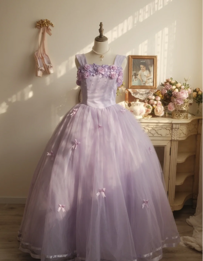 Sweet Princess Light Purple 3D Floral Square Neck Bow Tulle Ball Gown Evening Dress Sweet 16 Dress cc5380