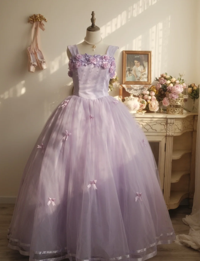 Sweet Princess Light Purple 3D Floral Square Neck Bow Tulle Ball Gown Evening Dress Sweet 16 Dress cc5380