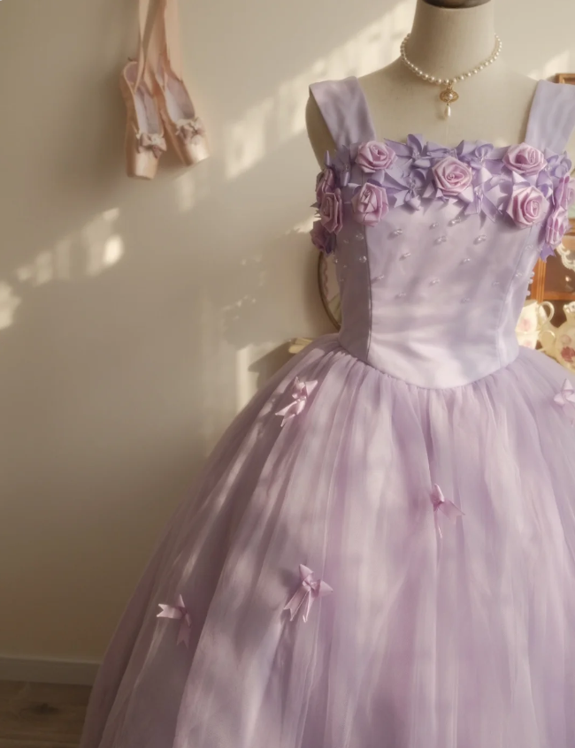 Sweet Princess Light Purple 3D Floral Square Neck Bow Tulle Ball Gown Evening Dress Sweet 16 Dress cc5380