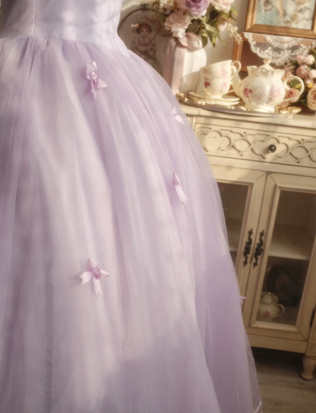 Sweet Princess Light Purple 3D Floral Square Neck Bow Tulle Ball Gown Evening Dress Sweet 16 Dress cc5380