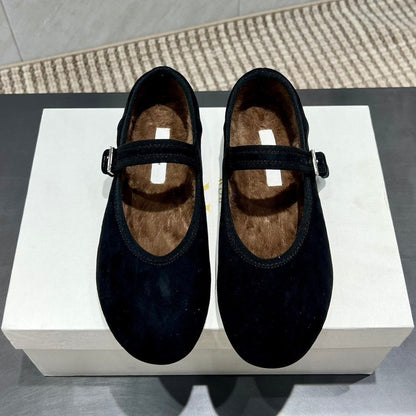 The Row 2025 Round Toe Ballet Flat Black Suede Fleece 540488