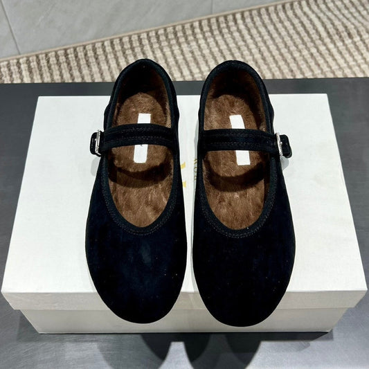 The Row 2025 Round Toe Ballet Flat Black Suede Fleece 540488