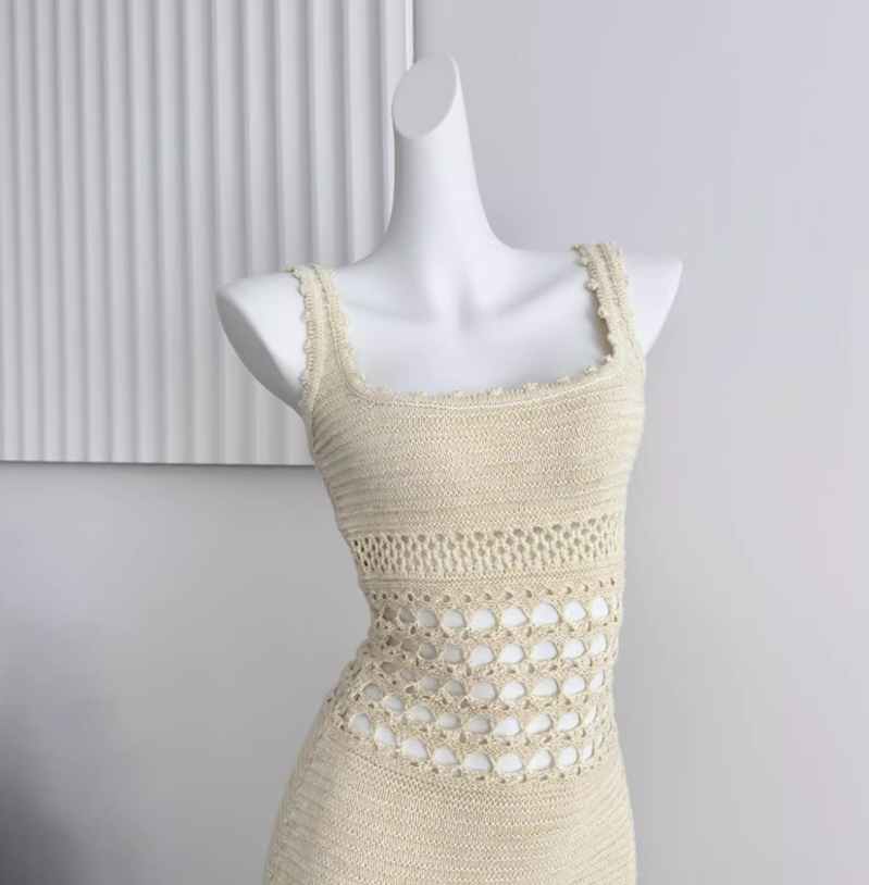 Bright silk knitted sexy hollow long skirt hip-wrapped fine glitter suspender dress for women R0286