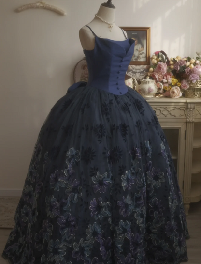 Vintage Elegant Navy Blue Bow Embroidered Train Tulle Ball Gown Evening Dress Sweet 16 Dress cc5381