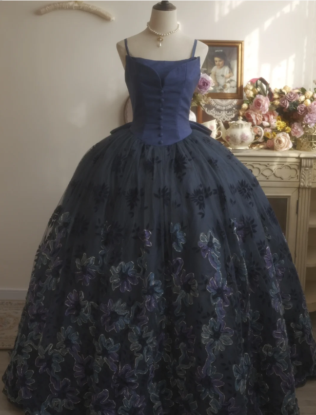 Vintage Elegant Navy Blue Bow Embroidered Train Tulle Ball Gown Evening Dress Sweet 16 Dress cc5381