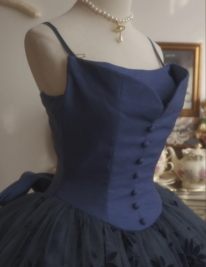 Vintage Elegant Navy Blue Bow Embroidered Train Tulle Ball Gown Evening Dress Sweet 16 Dress cc5381