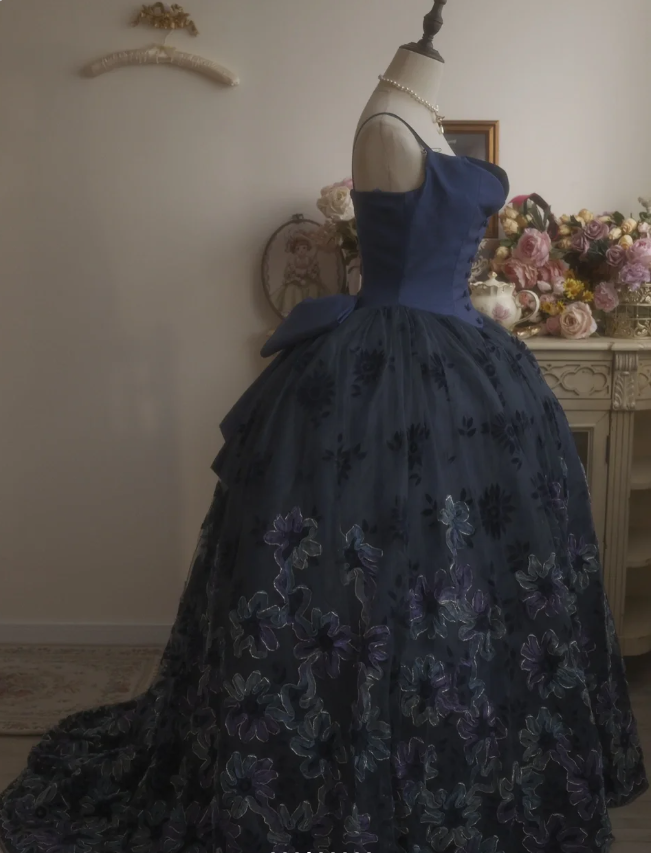 Vintage Elegant Navy Blue Bow Embroidered Train Tulle Ball Gown Evening Dress Sweet 16 Dress cc5381