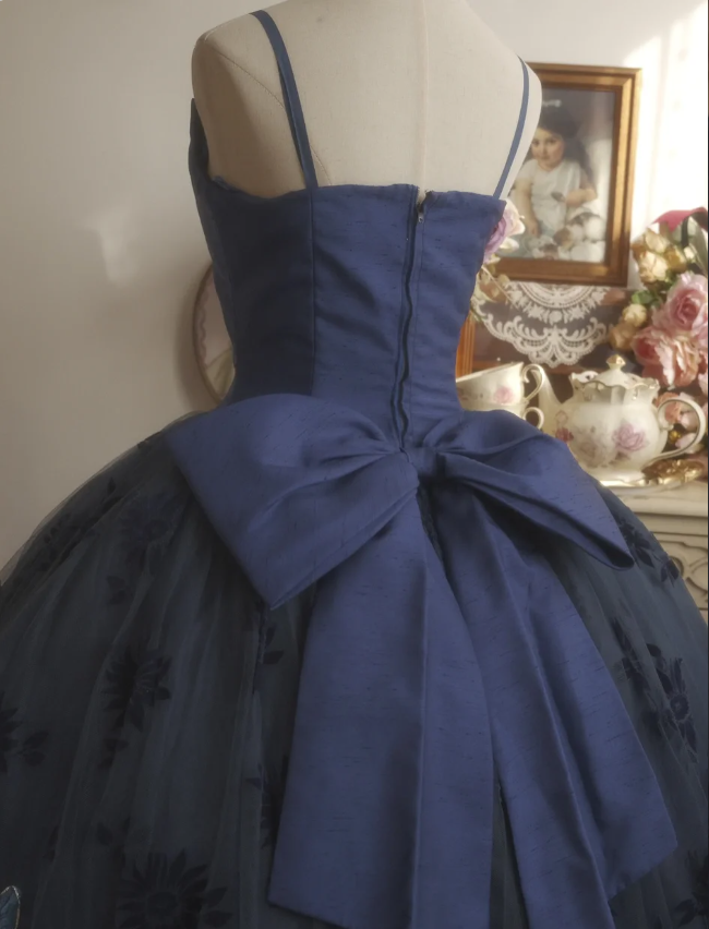 Vintage Elegant Navy Blue Bow Embroidered Train Tulle Ball Gown Evening Dress Sweet 16 Dress cc5381