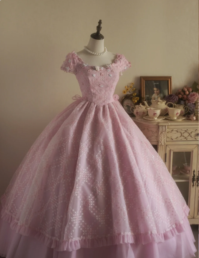 Sweet Court Light Pink Embroidered Floral Tulle Ball Gown Evening Dress Sweet 16 Dress cc5382