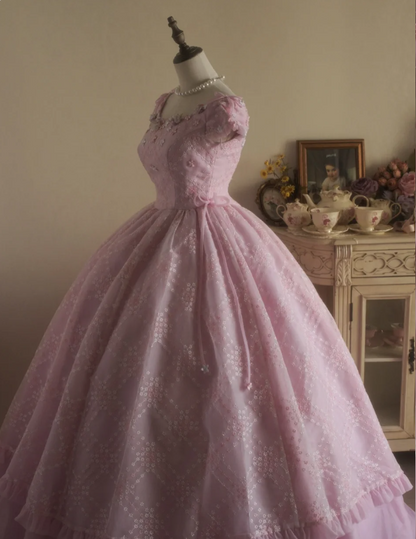 Sweet Court Light Pink Embroidered Floral Tulle Ball Gown Evening Dress Sweet 16 Dress cc5382