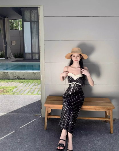 Temperament lace polka dot one-shoulder tube top dress with slim waist and hip-hugging long skirt R0581