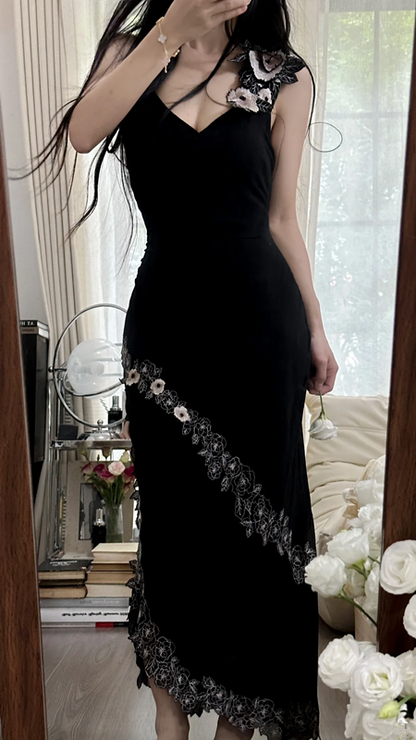 Black halter-neck fitted bodycon ball gown with a sexy asymmetrical hem R7748