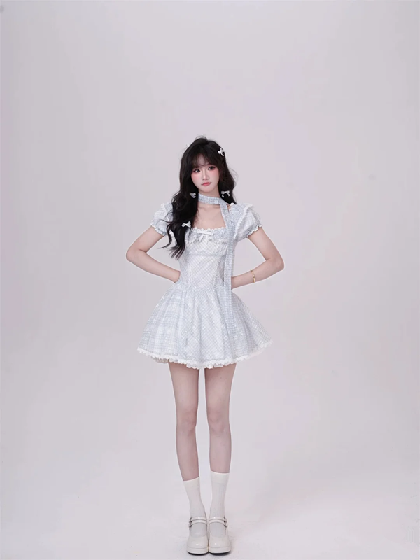 Light blue puff sleeve plaid waist slim A-line short skirt homecoming dress R5284