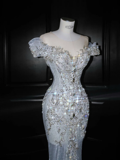 Light blue one-shoulder diamond waist-hugging hip-wrapped fishtail sexy long skirt, prom dress R5643