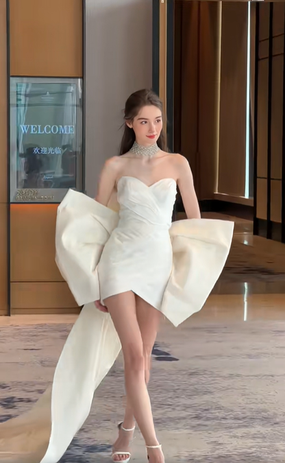 White tube top cute princess back bow design sexy mini skirt homecoming dress R4211