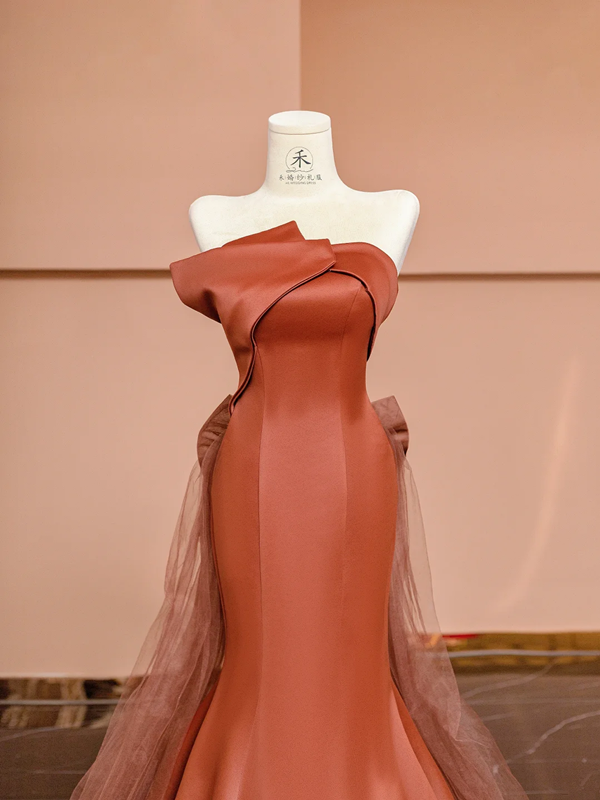 Orange strapless, fitted, bodycon, sexy long ball gown R8419
