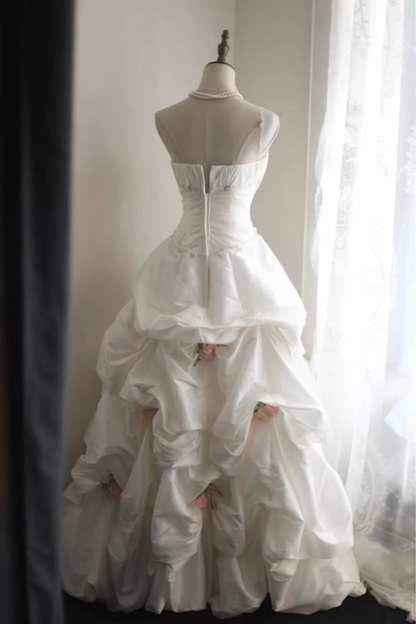 White strapless fitted waist slim-fitting pleated princess skirt ball gown, bridal gown R6754