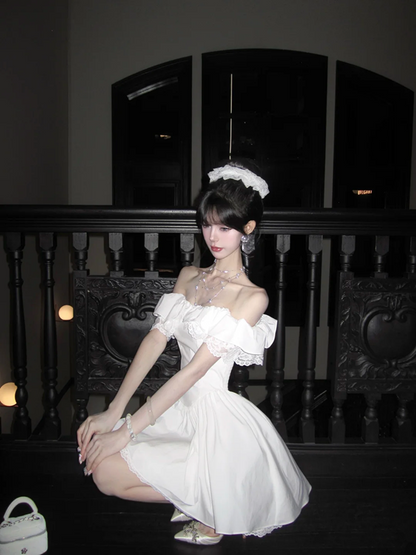 White off-the-shoulder neckline lace trim waist slim A-line short skirt homecoming dress R5063