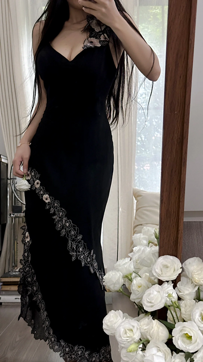 Black halter-neck fitted bodycon ball gown with a sexy asymmetrical hem R7748