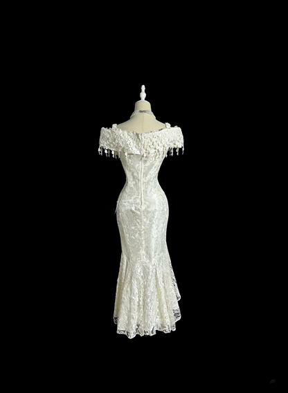 White V-neck lace fitted elegant ball gown R6634