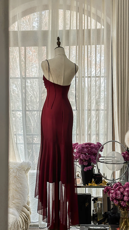 Deep red strapless, fitted waist, bodycon, sexy long ball gown R7709