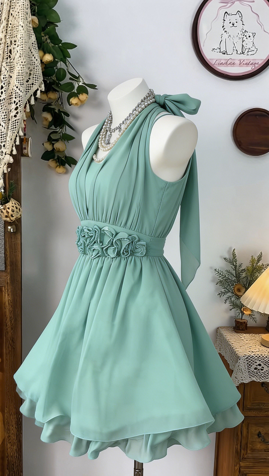Beauty Homecoming Dress Halter Pleated Flower Back to School Outfits Party Dress  D6537