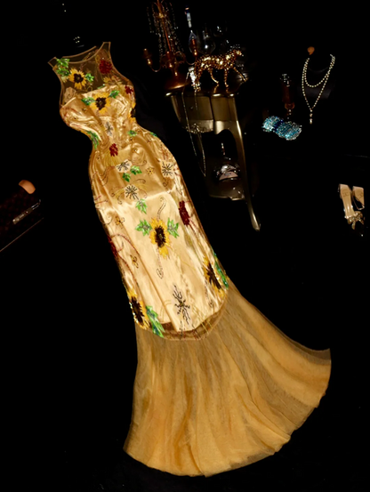 Gold sleeveless fitted sunflower floral long ball gown R6913