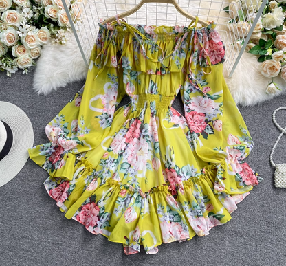 Holiday one-shoulder off-shoulder printed chiffon jumpsuit skirt super fairy wide-leg pants jumpsuit R0380