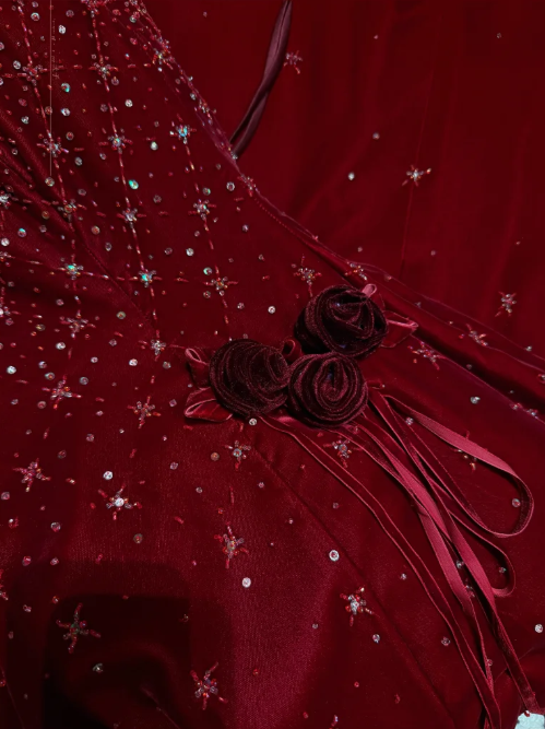 Pretty Burgundy Strapless Velvet Beaded Long Birthday Party Dress Evening Dress D2040