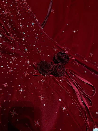 Pretty Burgundy Strapless Velvet Beaded Long Birthday Party Dress Evening Dress D2040